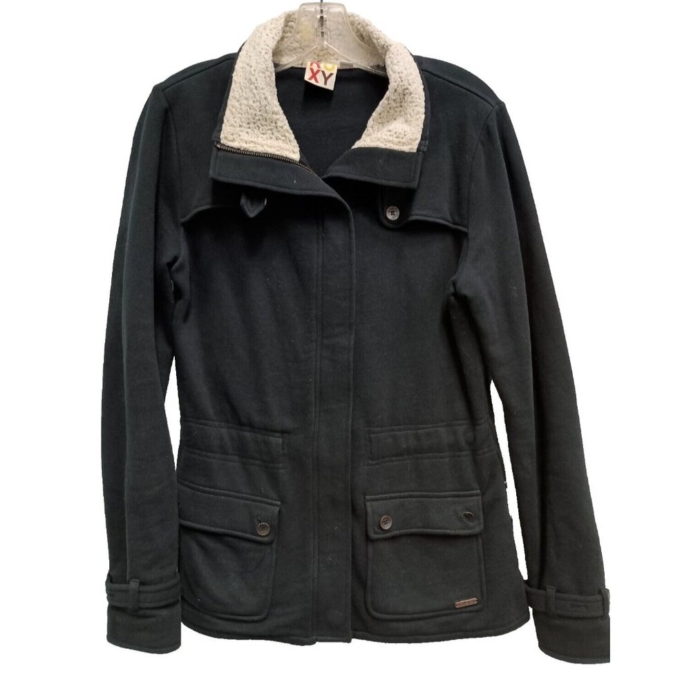 Vintage Roxy Womens Utility Jacket Medium Black Sherpa Collar Cargo Pockets Y2K